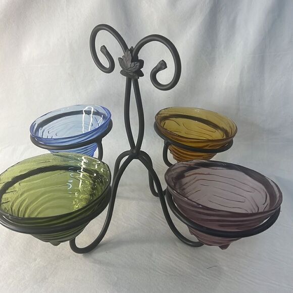 Longaberger Woven Tradition Condiment Dessert Bowl Caddy Wrought Iron Glass Bowl - Picture 2 of 8